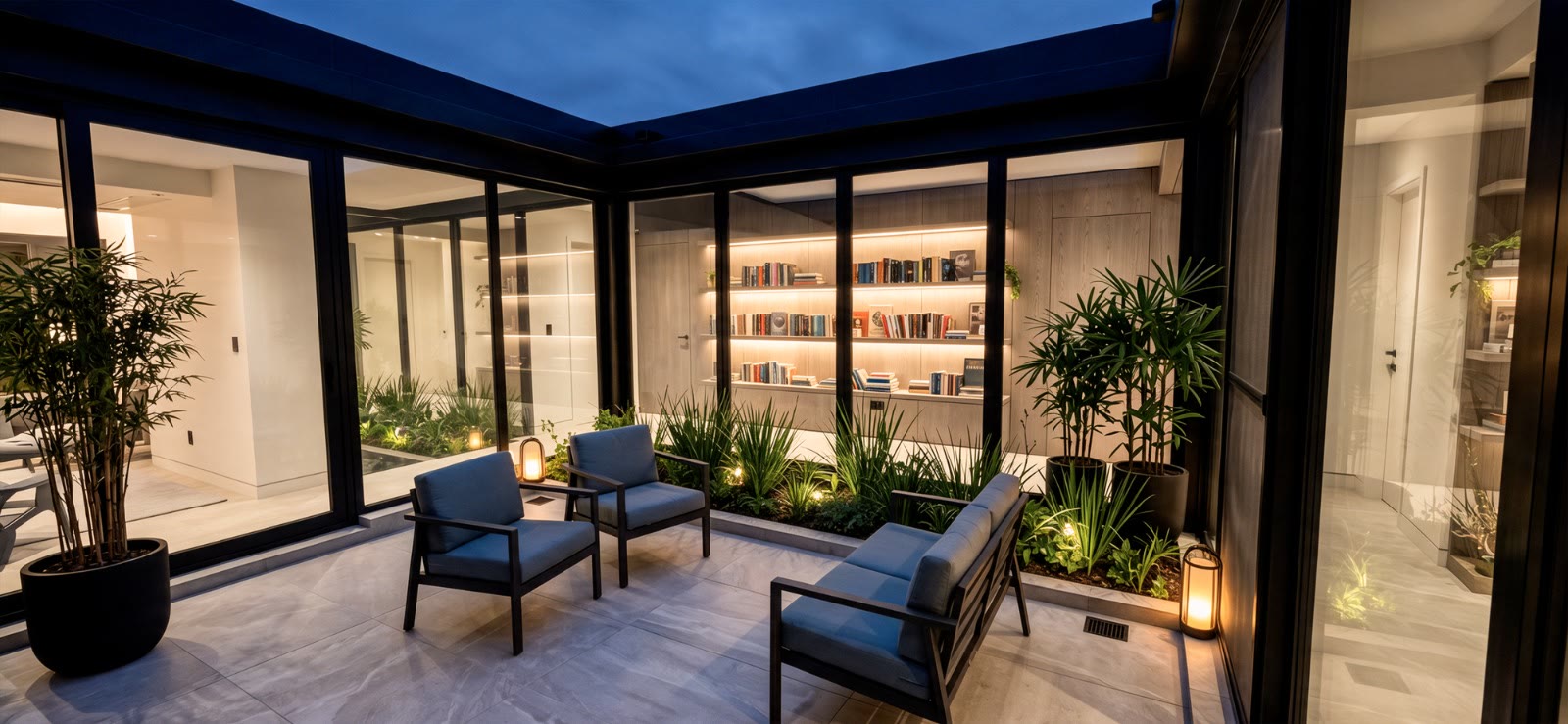 Propuesta 1 para el patio: sillones, plantas y faroles